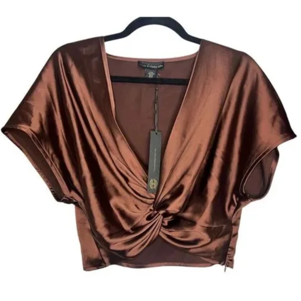 NWT House Of Harlow Blouse XS Cropped Top V-Neck Draped Zipper Brown Satin Zip